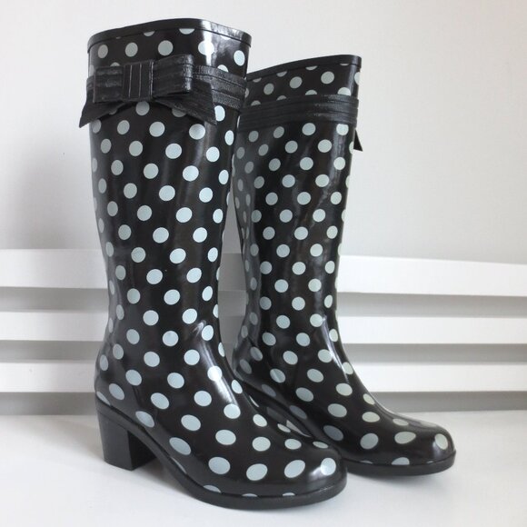 NWOB KATE SPADE RANDI POLKA DOT RAIN BOOTS BLACK Sz-7.5 - Picture 1 of 8